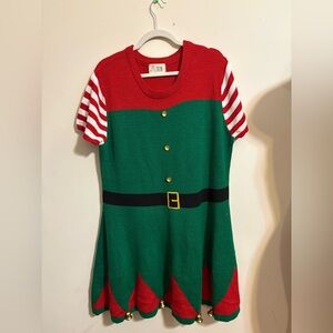 Just Found Women’s 2X dress Festive Red Green Elf Sweater Dress pullover w/bells